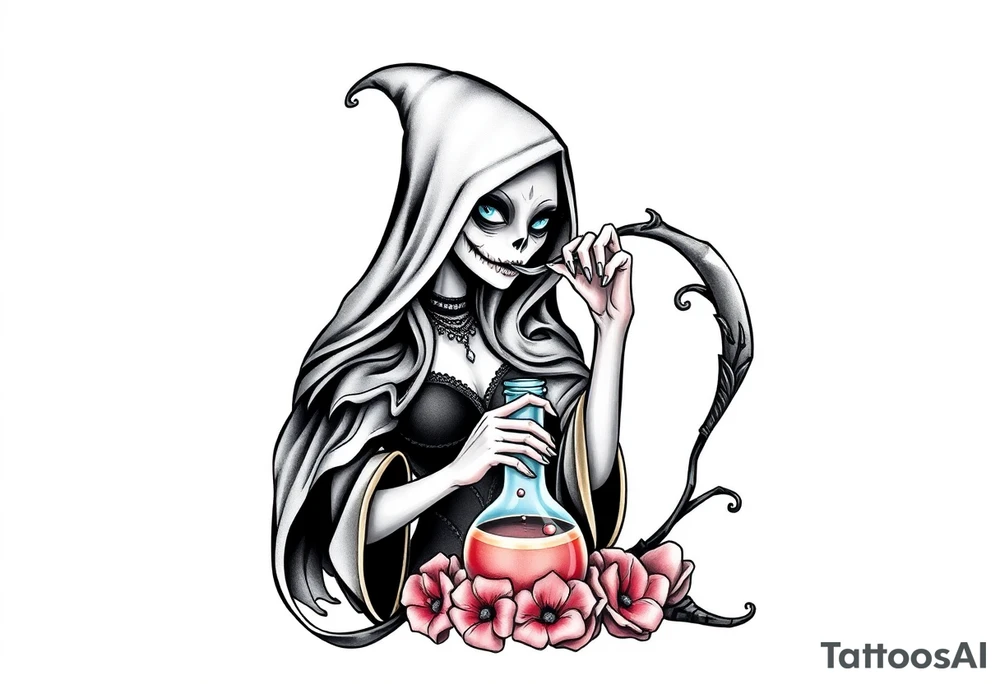 Female grim drinks death potion to get reaper powers tattoo idea