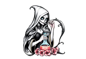 Female grim drinks death potion to get reaper powers tattoo idea
