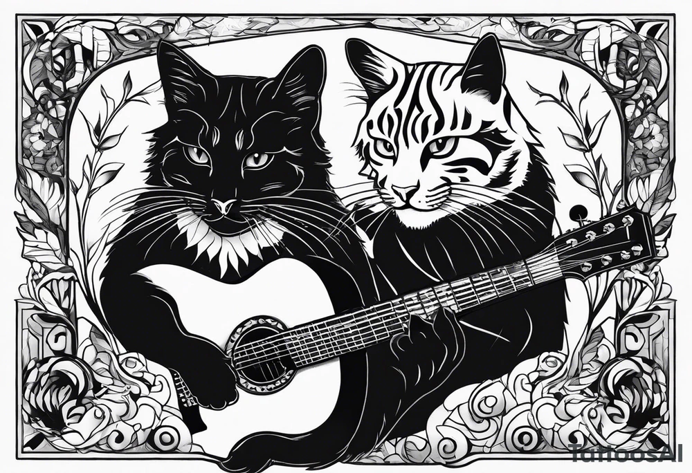 Black Cat and gray Tiger cat playing a guitar with two necks. tattoo idea
