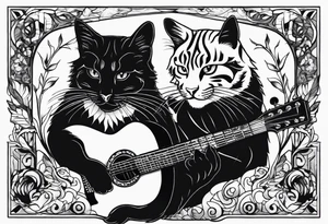 Black Cat and gray Tiger cat playing a guitar with two necks. tattoo idea