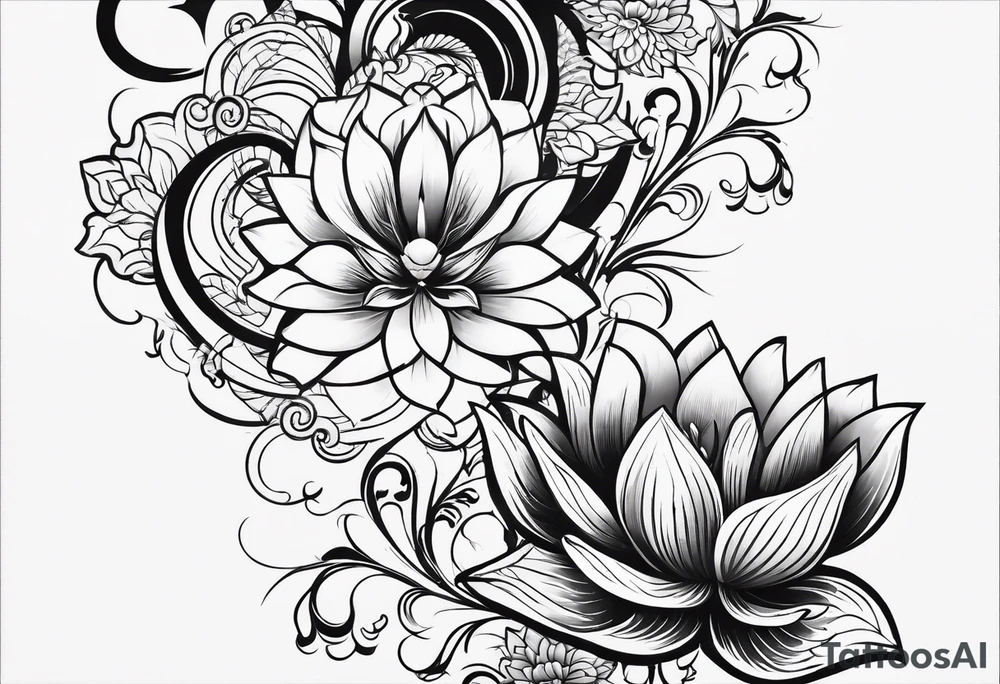 one vertical tattoo that combines lotus flower, phoenix and helix, strength and resilience symbols tattoo idea