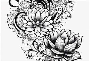 one vertical tattoo that combines lotus flower, phoenix and helix, strength and resilience symbols tattoo idea