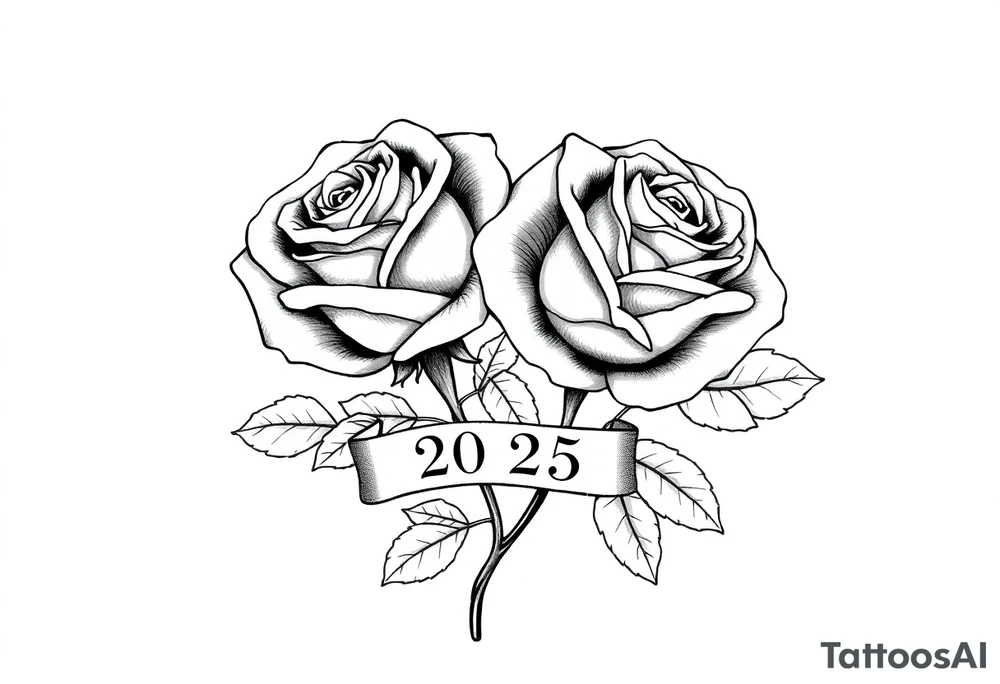two beautiful large rose buds, one larger than the other, with lots and lots of leaves next to the rose buds, with one sitting slightly higher than the other, side-by-side.  Include a banner connecting the two roses with the year 2025 on it.   Use dark outlines with little shading. Remove all stems from the roses. tattoo idea