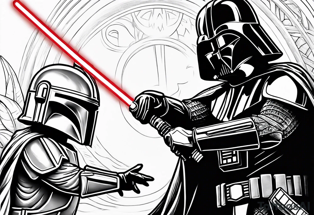 Baby grogu wearing mandalorian armor fighting Darth vader while wielding a red lightsaber tattoo idea
