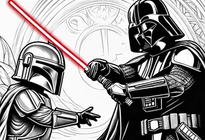 Baby grogu wearing mandalorian armor fighting Darth vader while wielding a red lightsaber tattoo idea