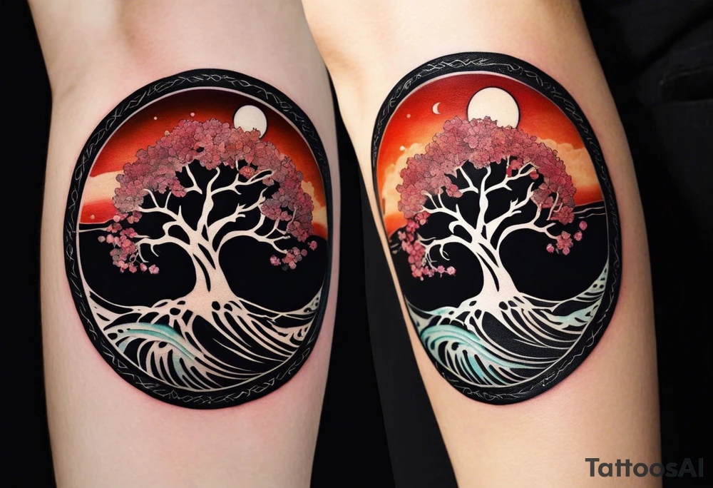 A tattoo of an abstract Tree of Life tattoo to be placed directly on the bicep of a woman. It can wrap around the arm a little. It should have roots growing out of the bottom. The roots slowly turn into water from the Great Wave by Hokusai. A golf flag should be placed discreetly growing out of the ground. 2 license plate tags should be hanging from the tree. Place a few music notes in the areas the leaves should be. The letters A U should be engraving into the tree trunk in a heart. tattoo idea