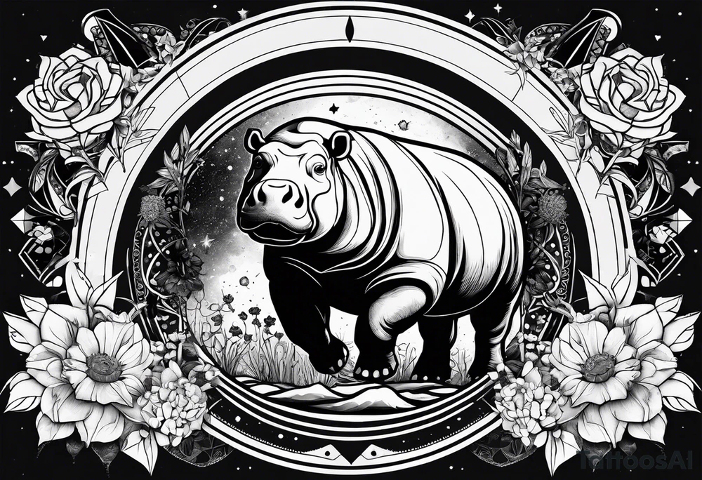 Hippo, flowers, moon, interstella, artic surreal, 
Extreme fine lines, +tribal, +geometric, develop from my favourites tattoo idea