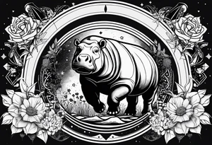 Hippo, flowers, moon, interstella, artic surreal, 
Extreme fine lines, +tribal, +geometric, develop from my favourites tattoo idea