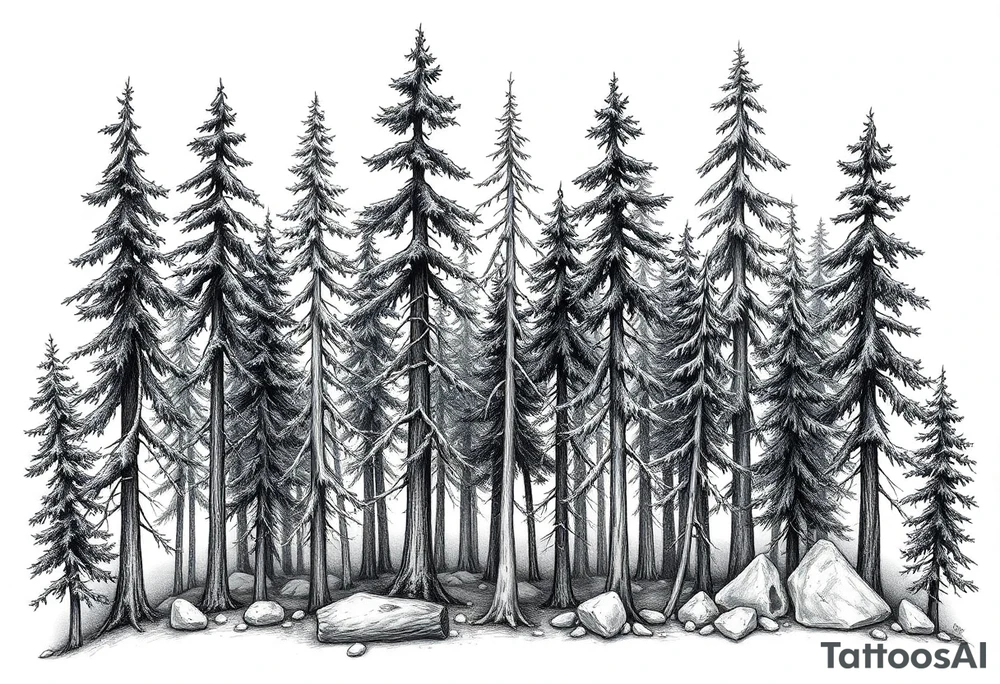 Needle forest with black and gray trees tattoo idea