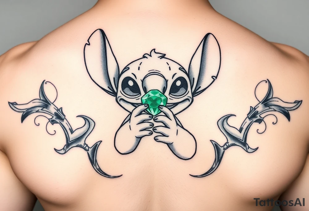 Stitch holding emerald birthstone tattoo idea