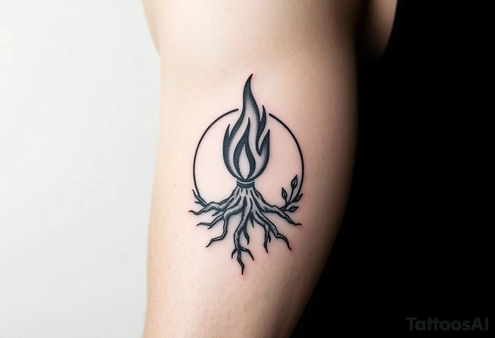flame in a roots circle, with little sprouts on th roots tattoo idea