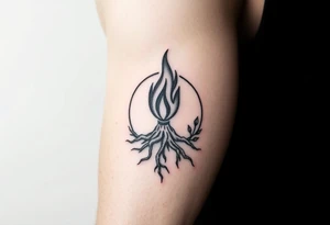 flame in a roots circle, with little sprouts on th roots tattoo idea