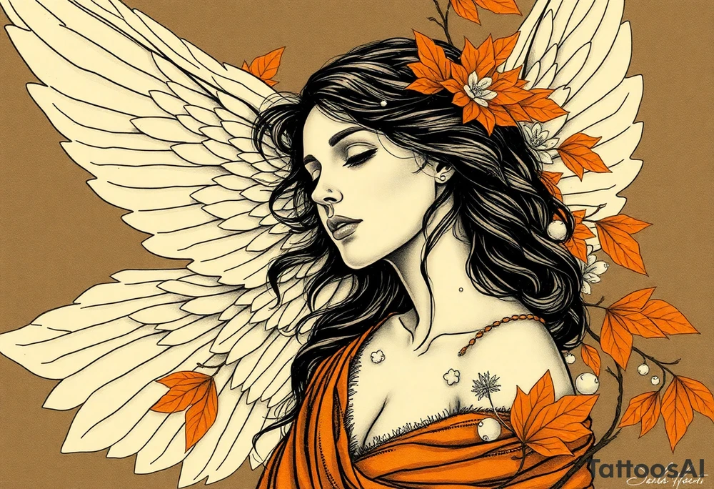 Alfons Mucha’s angelic woman leaning into autumn winds, dressed in burnt sienna fabrics and surrounded by ochre leaves. tattoo idea