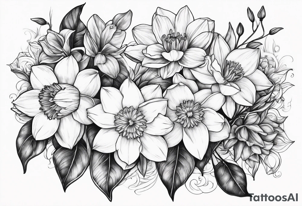 Bouquet daffodils water lilies and morning glories tattoo idea