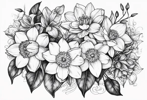 Bouquet daffodils water lilies and morning glories tattoo idea