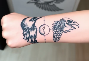 Double forearm tattoo with one normal crow head and the other forearm with a skeleton of a crows head. Each arm having feathers not attached to crows and a moon joining in the middle of both forearms tattoo idea
