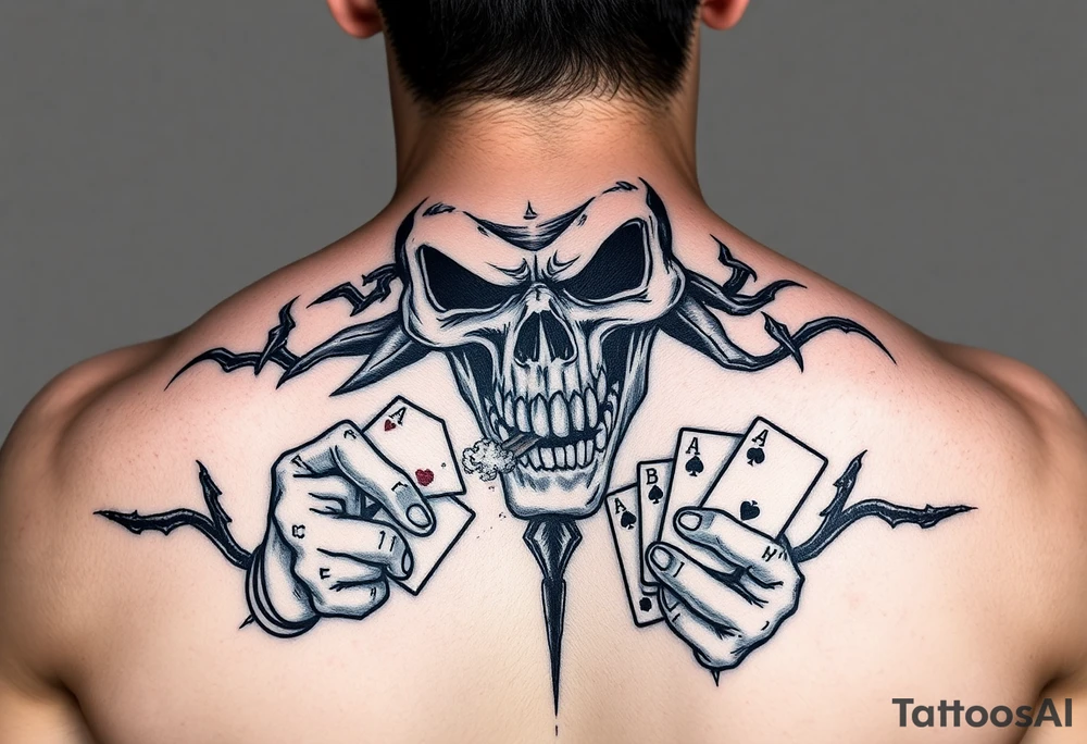 Gangster scene clown skull mid evil smoking cigar playing cards on the streets tattoo idea