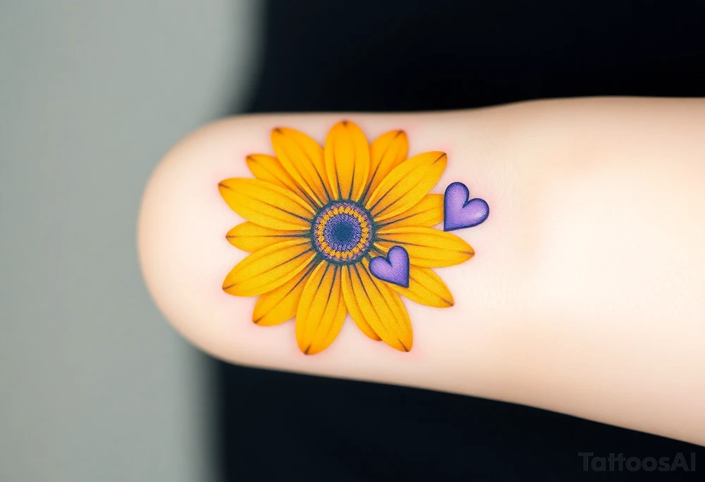 Yellow daisy flower with Purple Hearts tattoo idea