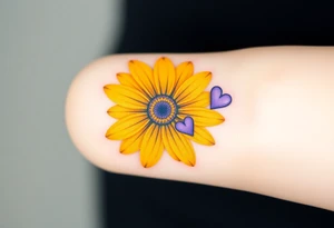 Yellow daisy flower with Purple Hearts tattoo idea