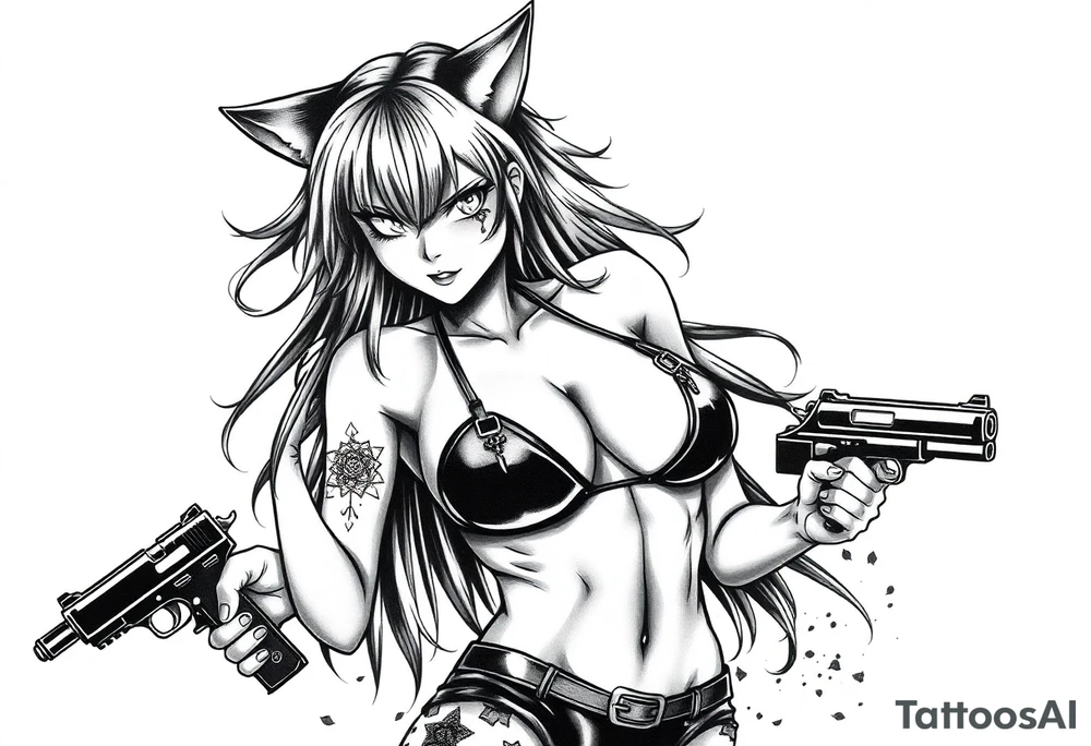 naked catgirl, slut, anime, holding gun, black, leather bikini, angry tattoo idea