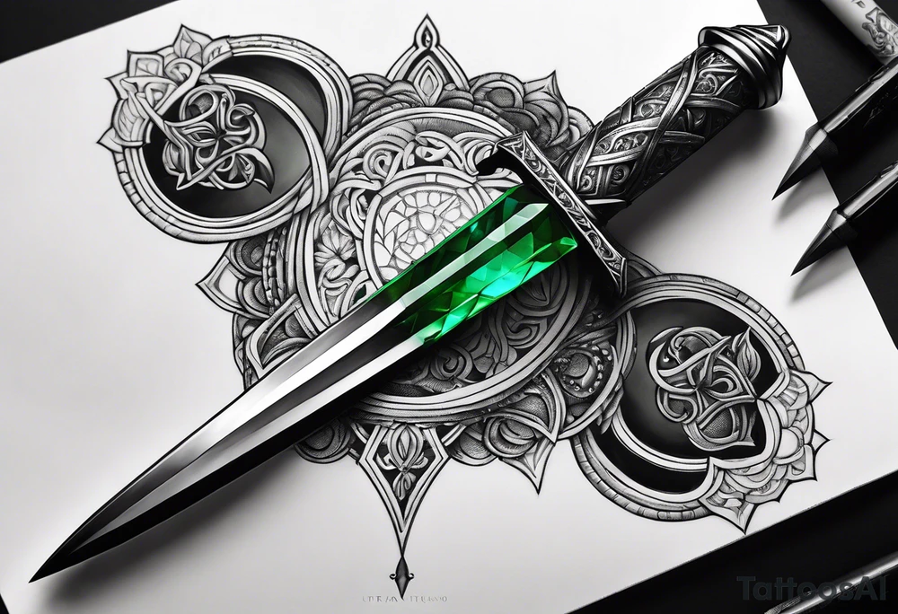 An athame dagger with the hilt turned upward and an emerald gemstone on the hilt not on the blade tattoo idea