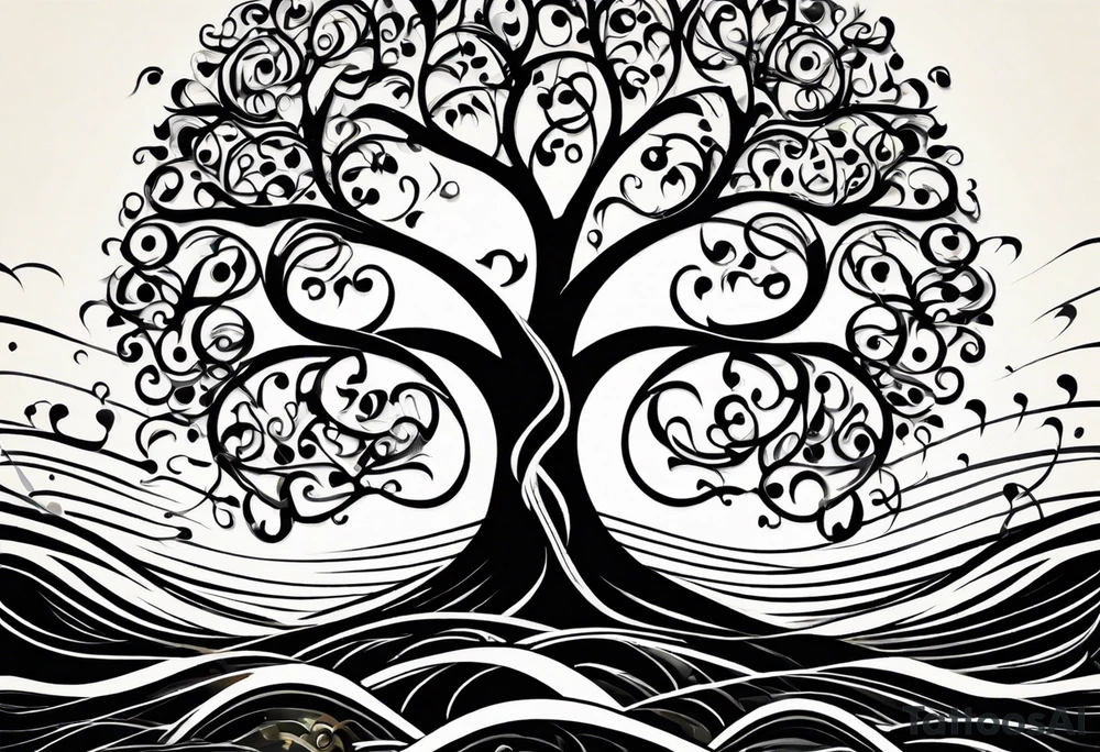 A tattoo design that incorporates the following elements: an abstract tree of life that has roots emerging  from the ground. Waves of water encapsulate the tree and wind around it in an organic way.  Incorporate music.   the letters U and A are overlapping and engraved into the tree. a golf ball incorporated but not prominent. tattoo idea
