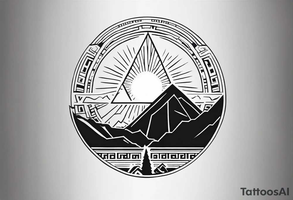 Create a minimalistic tattoo design incorporating a vertical line symbolizing a path. At the top is a spruce tree, the middle part is replaced with an outline of Machu Picchu, and at the bottom is an image of a sun with rays, stylized in Aztec art. Below the sun, add a small llama. All elements are done in black outline with no fill, creating a clean and symbolic image. tattoo idea