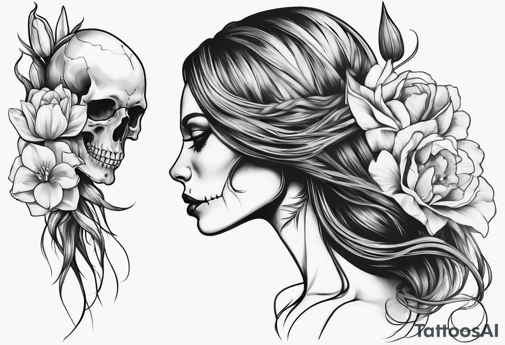 sideview of female skull with long hair and tulip bud in hair and catrina tattoo tattoo idea