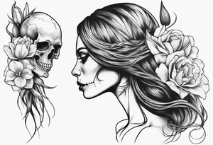 sideview of female skull with long hair and tulip bud in hair and catrina tattoo tattoo idea