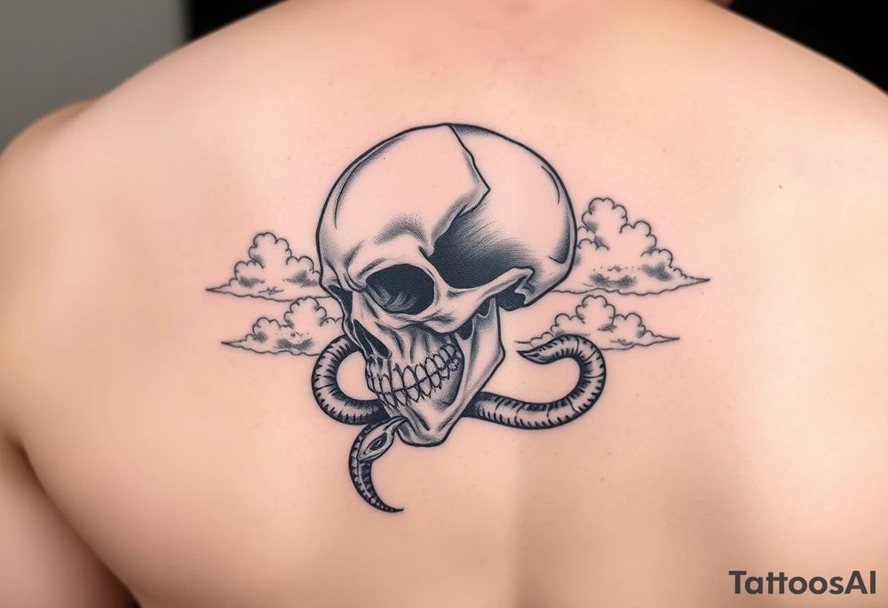 Upper right back to shoulder tattoo of realistic skull with rattlesnake and clouds. No color, except white for highlights. tattoo idea