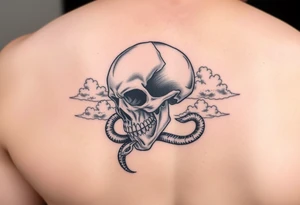 Upper right back to shoulder tattoo of realistic skull with rattlesnake and clouds. No color, except white for highlights. tattoo idea