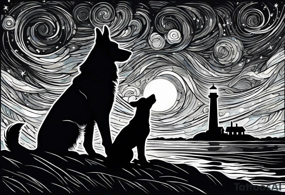 A silhouette of a german shephard, and an adult human male, looking up at a night sky in the style of Van Gogh Starry Night with a lighthouse in the background. Make the image twice as tall as it is wide. tattoo idea