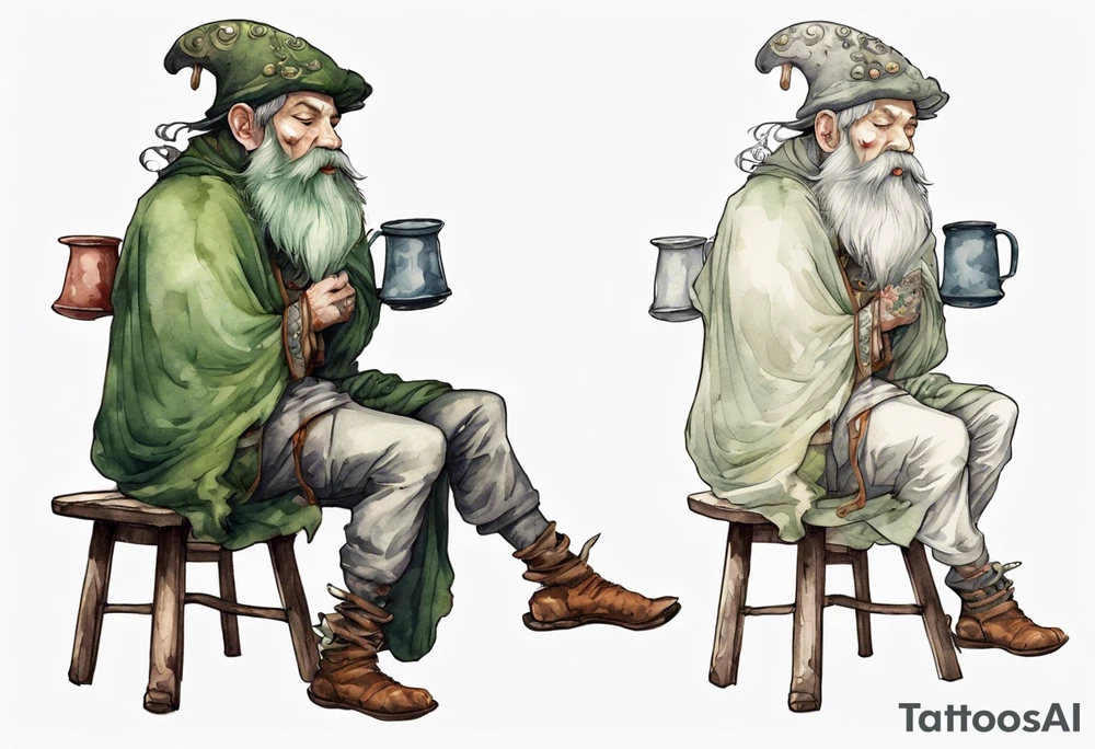 a mushroom with a mossy beard wearing medieval clothes sitting on a stool drinking from a stone mug tattoo idea