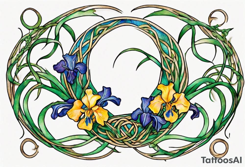 Create a small, colorful Vincent van Gogh Irises tattoo in the form of a crescent, with vines in Celtic knot style gracefully intertwining at a central point in the middle of the wreath. The intended placement is on the upper chest. The middle needs mountains. The overall design should be small in size while maintaining a delicate and artistic aesthetic. Pay attention to the graceful flow of the vines and the placement of the irises to achieve a refined and elegant look. tattoo idea
