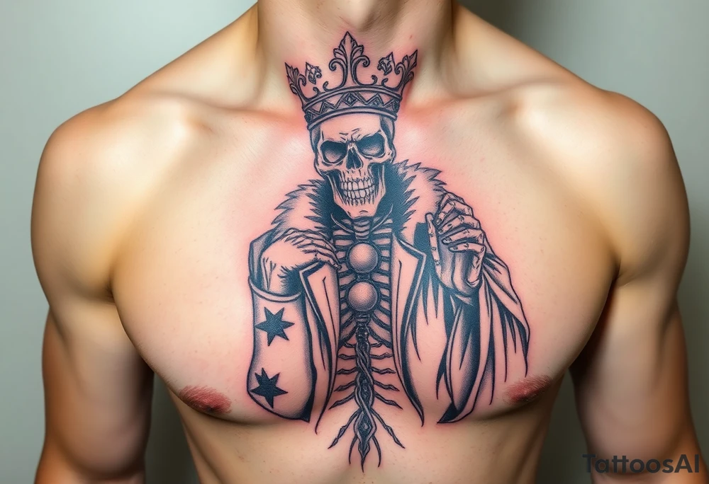 evil skeleton king in clothes having a good time getting drunk tattoo idea