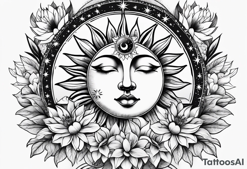Floral sun and moon astronomy tattoo idea
