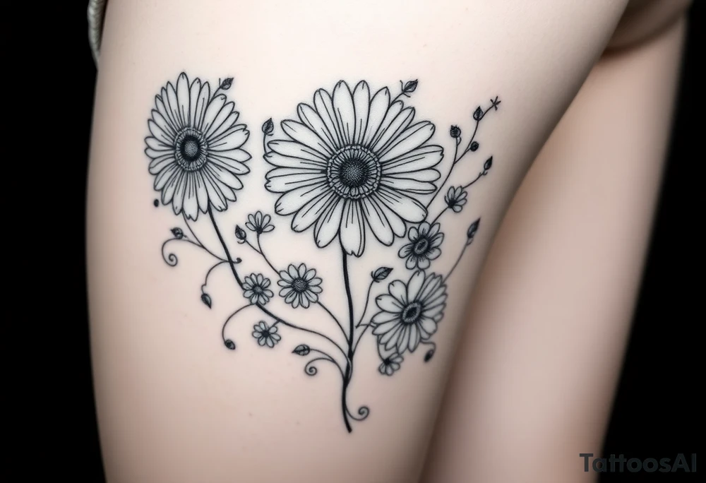 Fine line flower tattoo with three gerbera daisies along with smaller regular daisies and maybe other flowers or vines. Mix in a Celtic Serch Bythol symbol somehow and some fine line swirls, tendrils, or spirals as needed tattoo idea