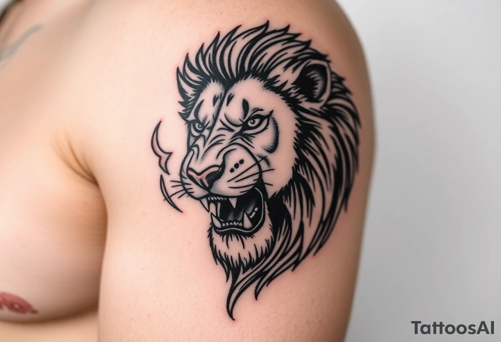 Lion looking into the fire face on full of emotion tattoo idea