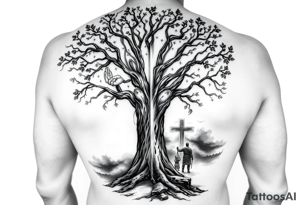 A highly detailed black and grey realism tattoo sleeve design that tells a story of faith, family, and perseverance. A large, deeply rooted tree with strong branches represents family and growth. Within the bark of the tree, hidden images of hands clasped together and a father guiding a child can be seen. A distant cross glows subtly through a stormy sky, symbolizing divine guidance. A warrior stands at the base of the tree, looking toward the cross, representing endurance through hardship. The design blends realism and abstract elements, with deep shadows at the base fading into light near the shoulder. tattoo idea