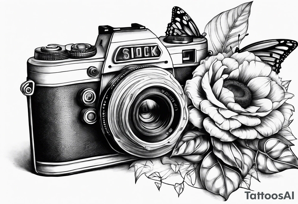 sunflower, camera, flower rose , book, butterfly tattoo idea