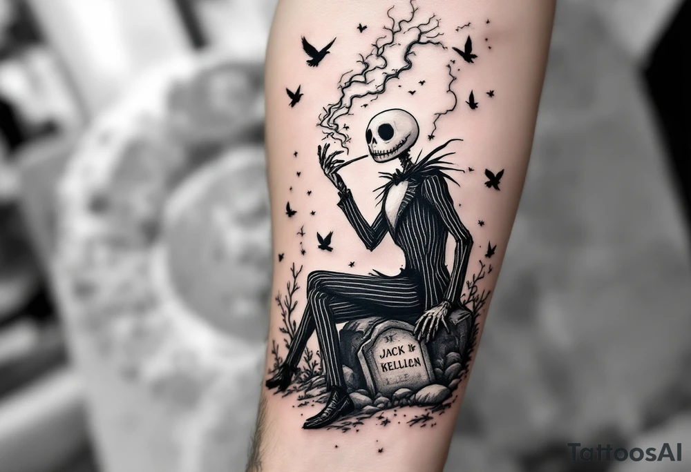 jack skellington smoking,sitting on tombstone, birds, thunderstorm tattoo idea