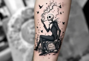 jack skellington smoking,sitting on tombstone, birds, thunderstorm tattoo idea