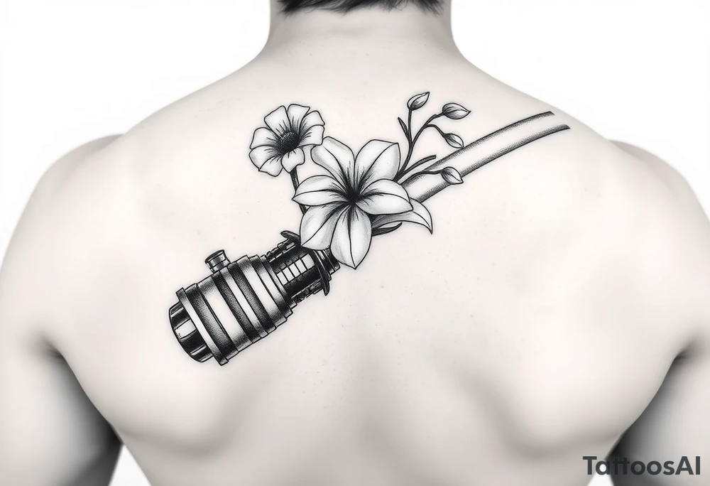 Star Wars Lightsaber handle with a daisy, morning glory, and lily of the valley in it tattoo idea