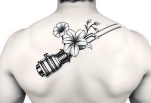 Star Wars Lightsaber handle with a daisy, morning glory, and lily of the valley in it tattoo idea