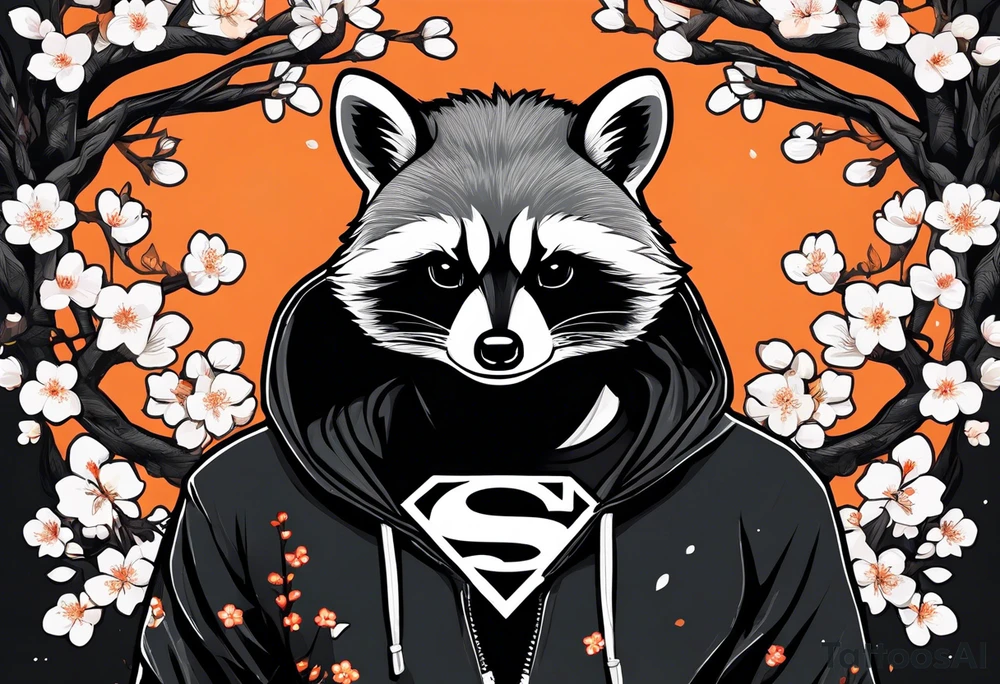 Raccoon wearing a white Superman logo on a black hoodie and orange Japanese cherry blossoms beside tattoo idea