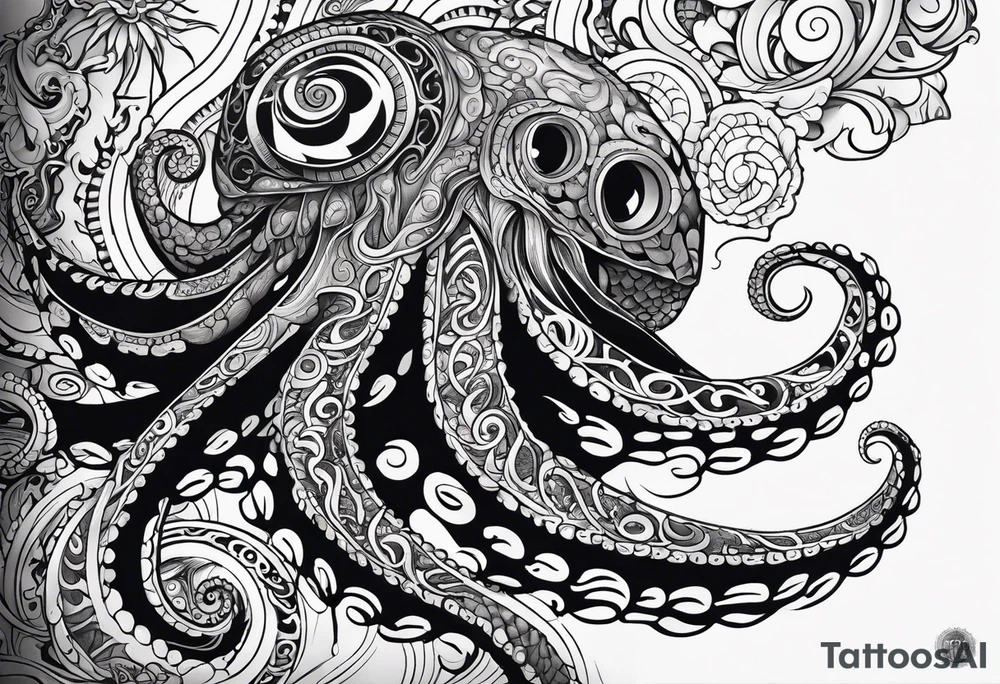 Tribal half sleeve octopus with fish and water waves around it and a sea turtle inside the octopus head tattoo idea