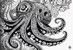 Tribal half sleeve octopus with fish and water waves around it and a sea turtle inside the octopus head tattoo idea