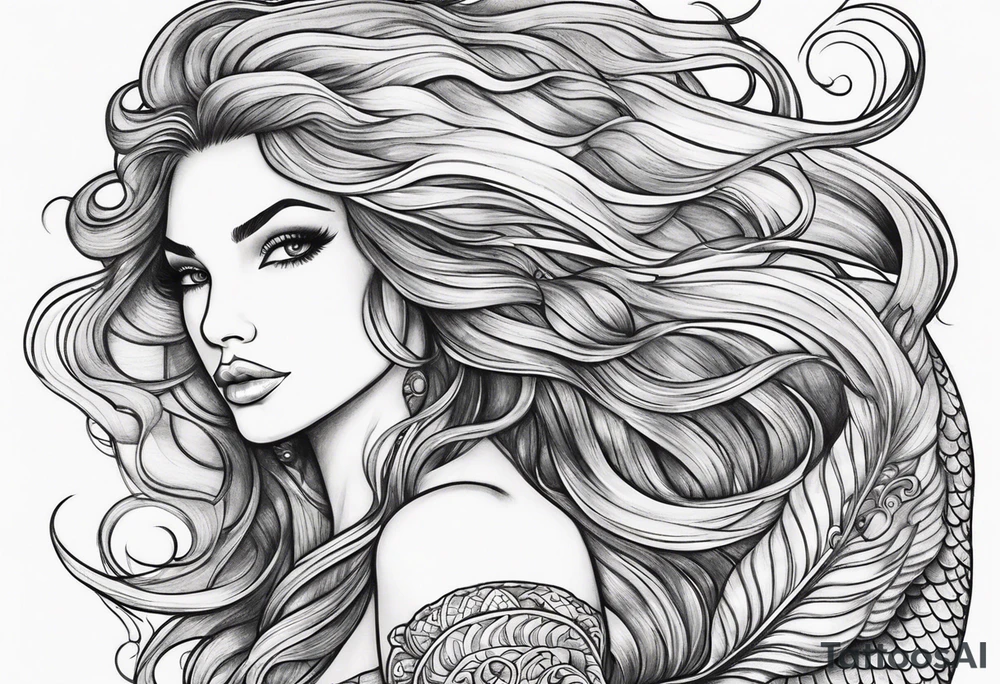 sexy goddess mermaid with flowing hair and long flowing tail with scales and tattoos combine the favorites tattoo idea