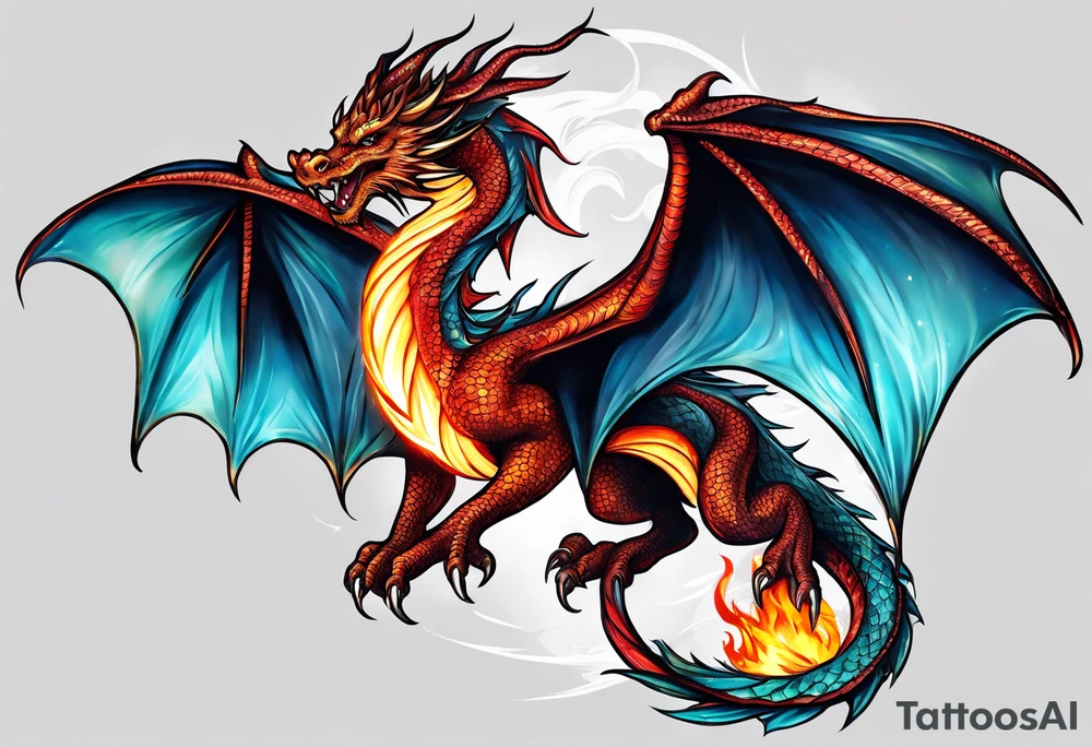 Flying dragon, fire around tattoo idea