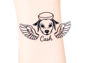 Dachshund ears inside wings with a halo above and the name Cash tattoo idea